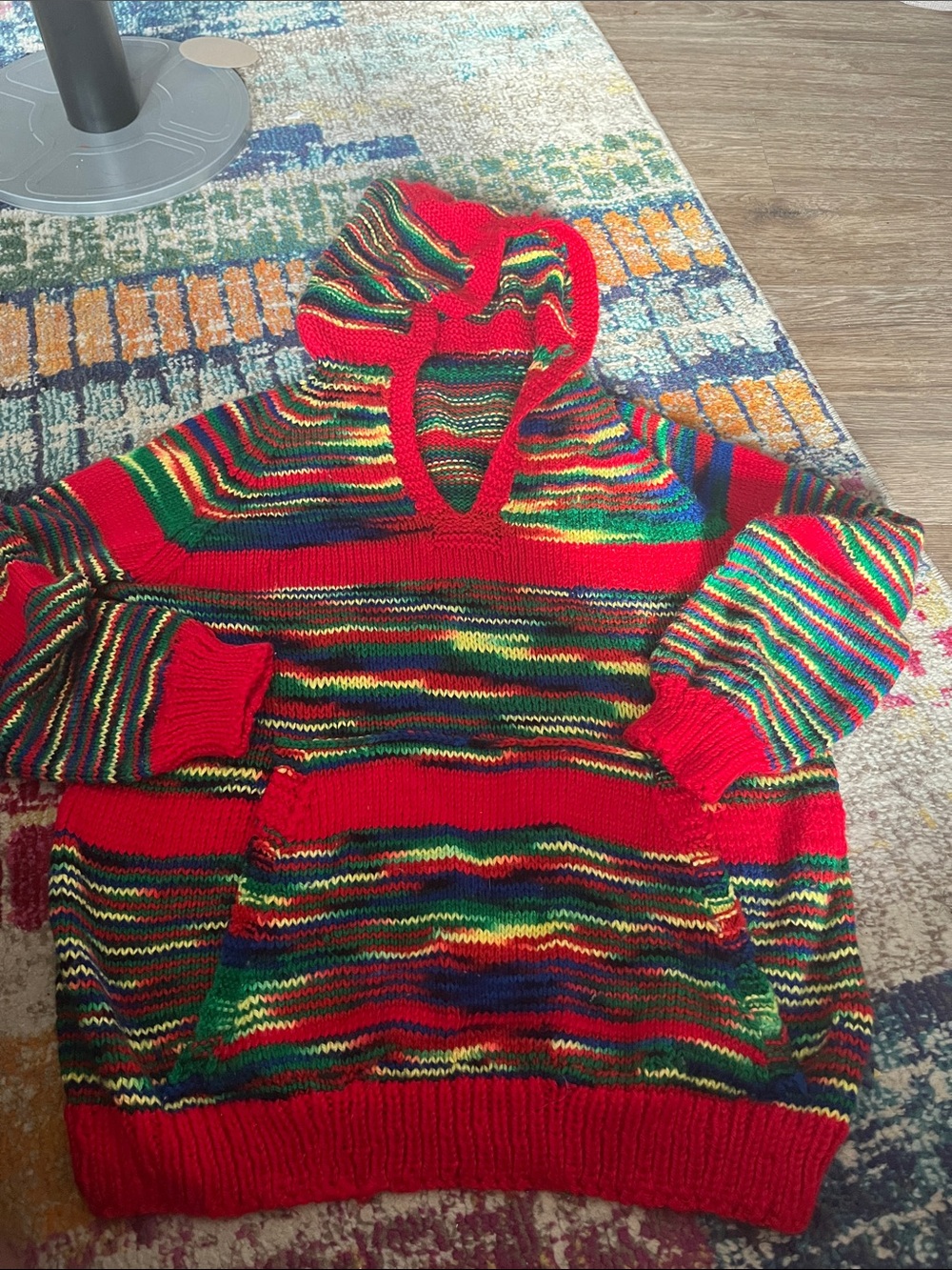Unisex crocheted Red Multicolor Striped Hooded Sweater sz medium